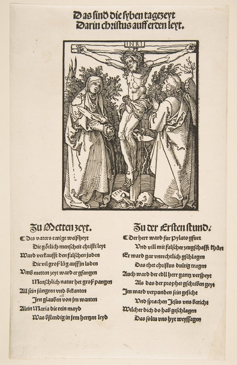 Kristus på korset mellom jomfruen og den hellige Johannes første ark av to, 1510. av Albrecht Dürer