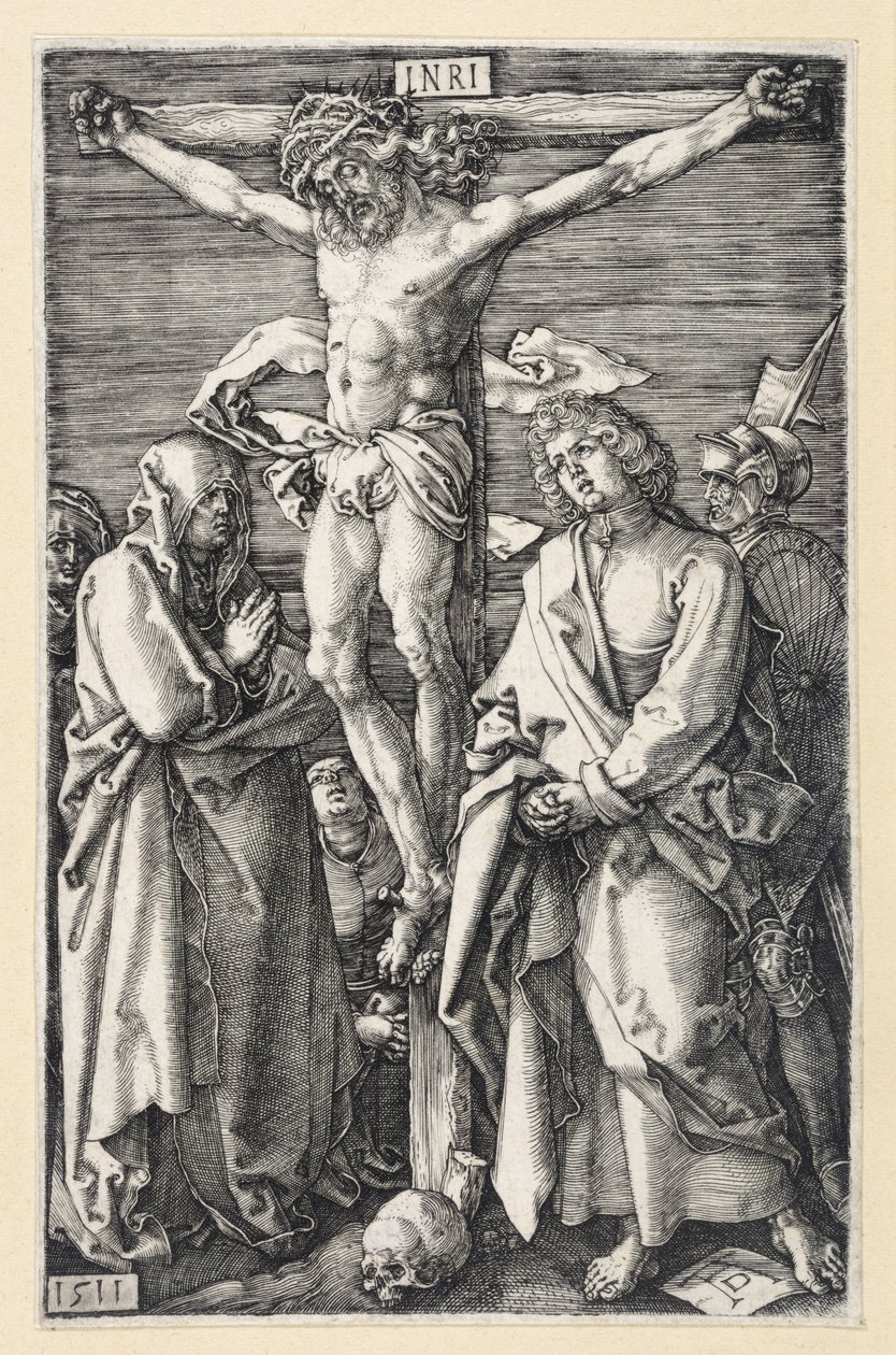 Kristus på korset mellom Maria og Johannes (Gravert pasjonshistorie) av Albrecht Dürer