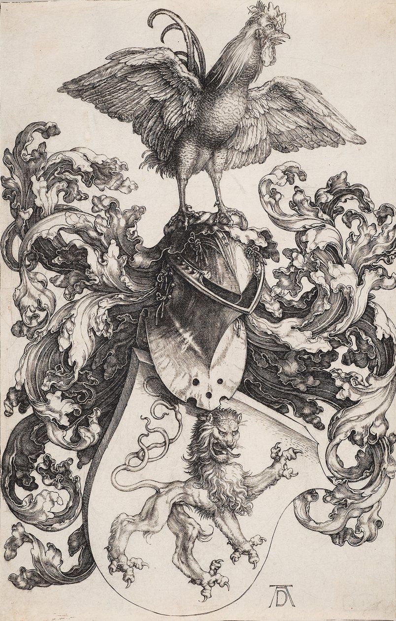 Våpenskjold med en løve og en hane av Albrecht Dürer