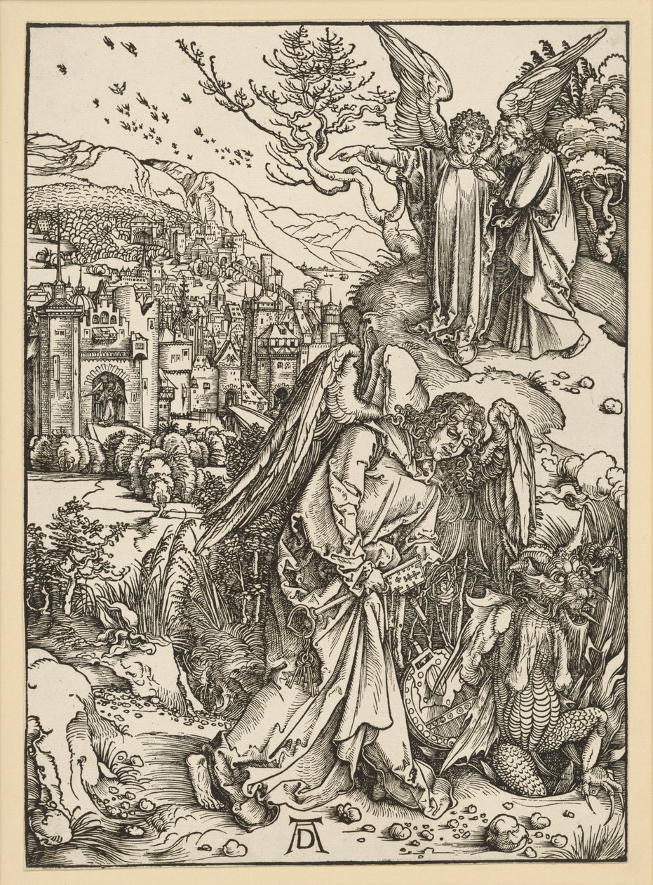 Engelen kaster dragen i avgrunnen og stenger den inne der (Apokalypsen) av Albrecht Dürer