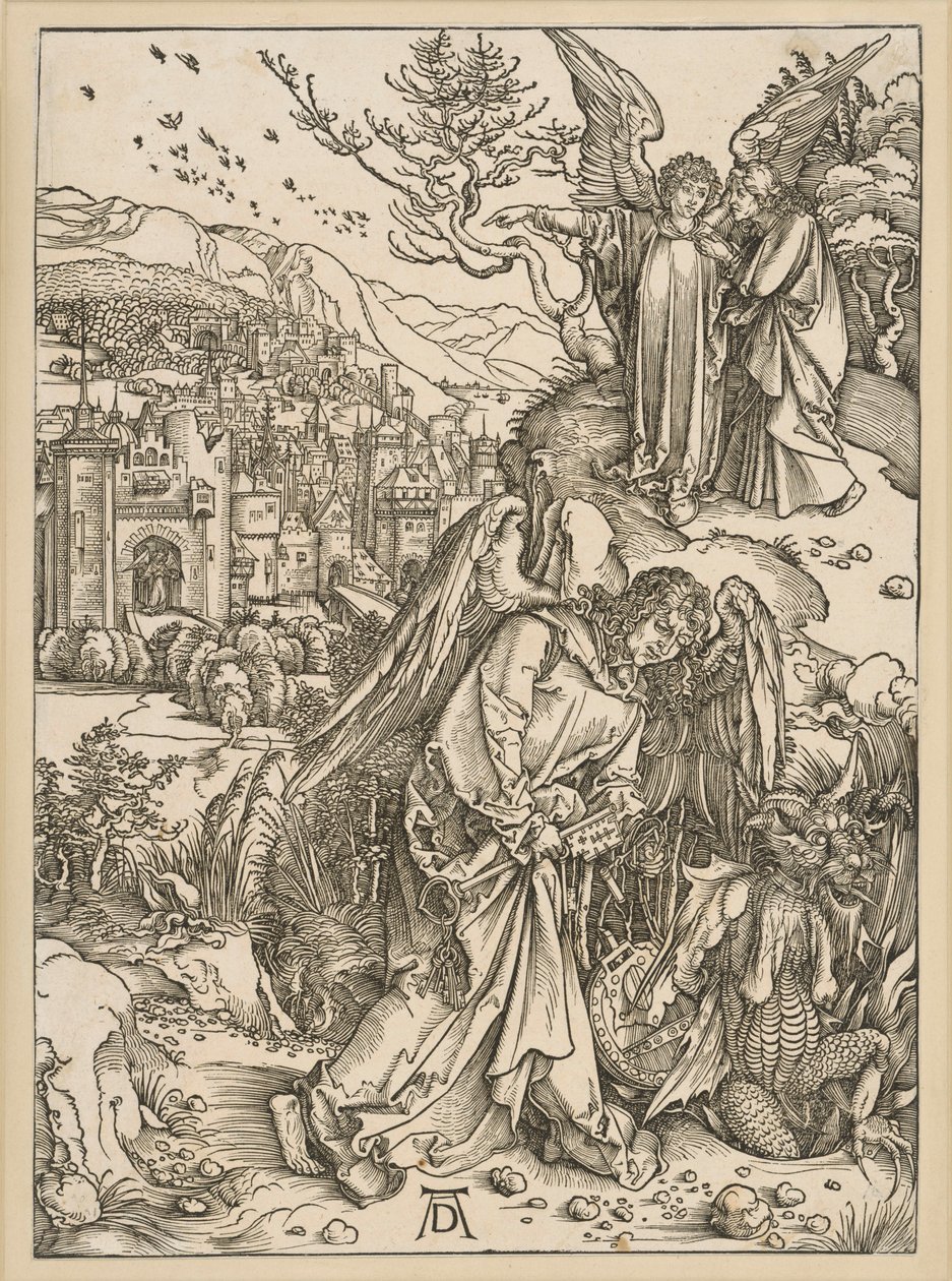 Engelen kaster dragen i avgrunnen og stenger ham inne (Apokalypsen) av Albrecht Dürer