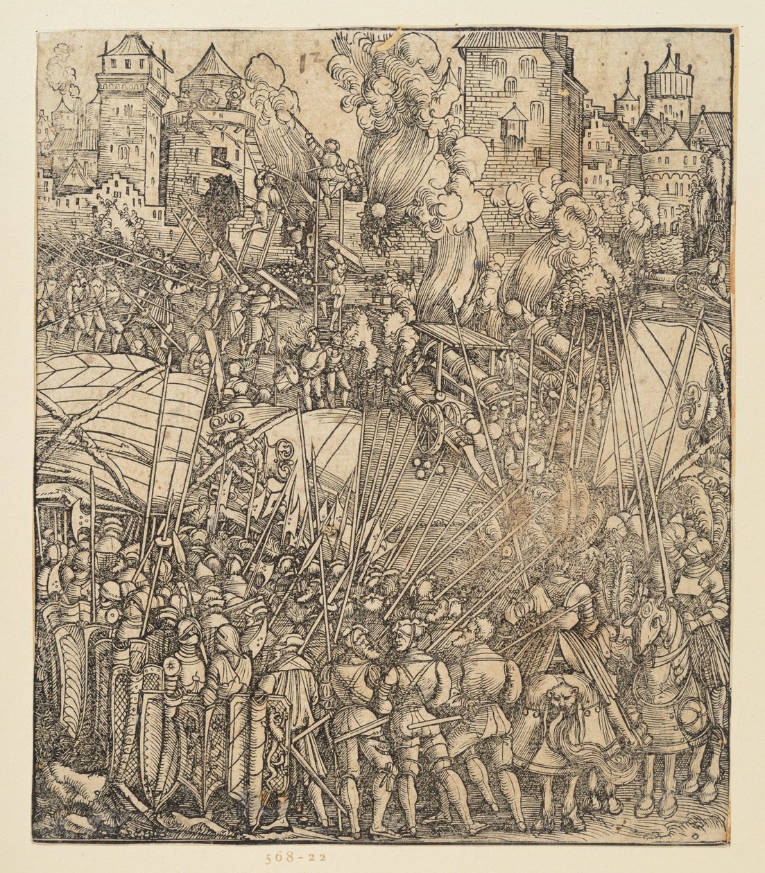 Keiser Maximilian Is triumfbue (fragment av 24b): Kamphandlingen øverst til venstre av Albrecht Dürer