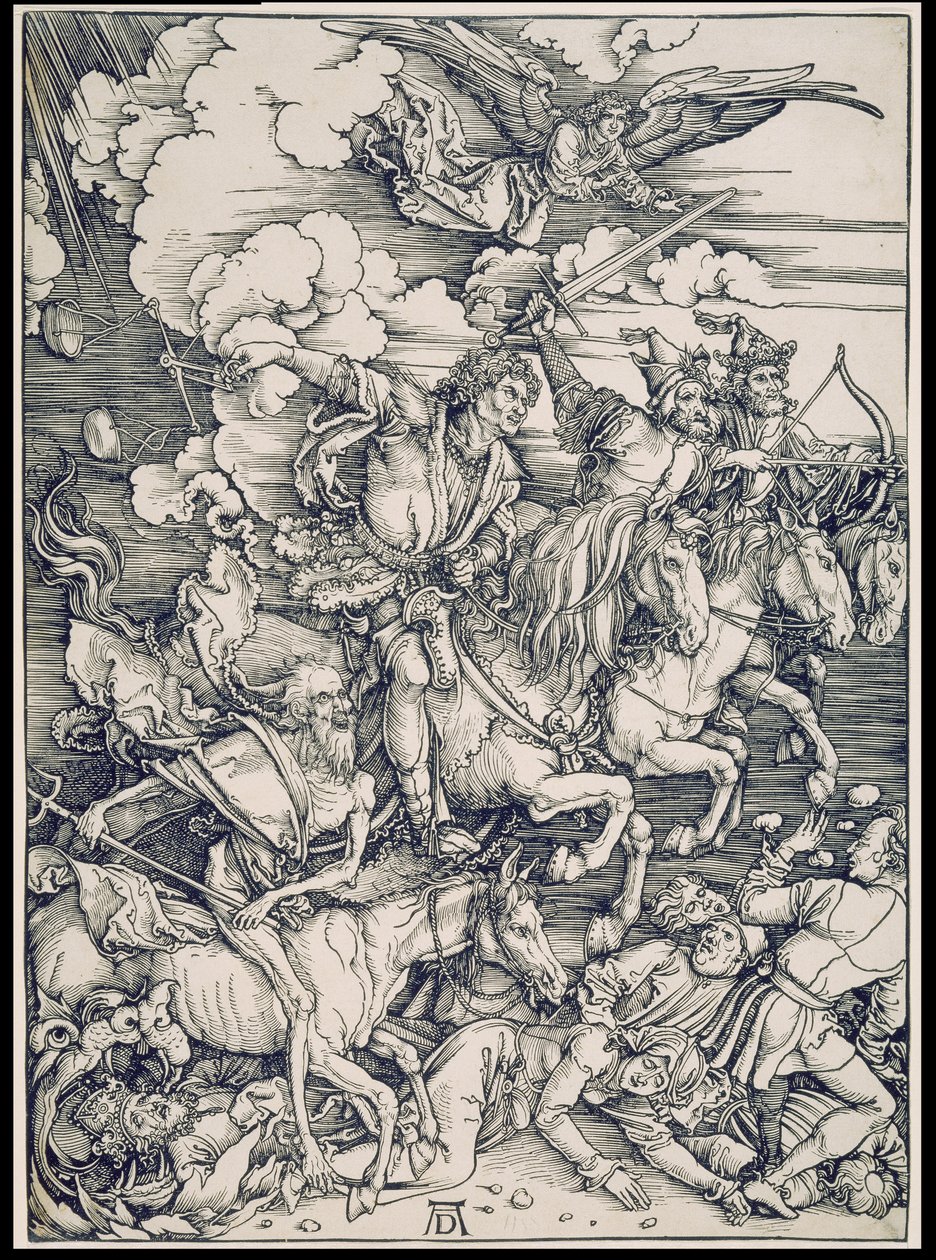 Apokalypsens ryttere, fra serien Apokalypsen, enkelttrykk før teksten av Albrecht Dürer