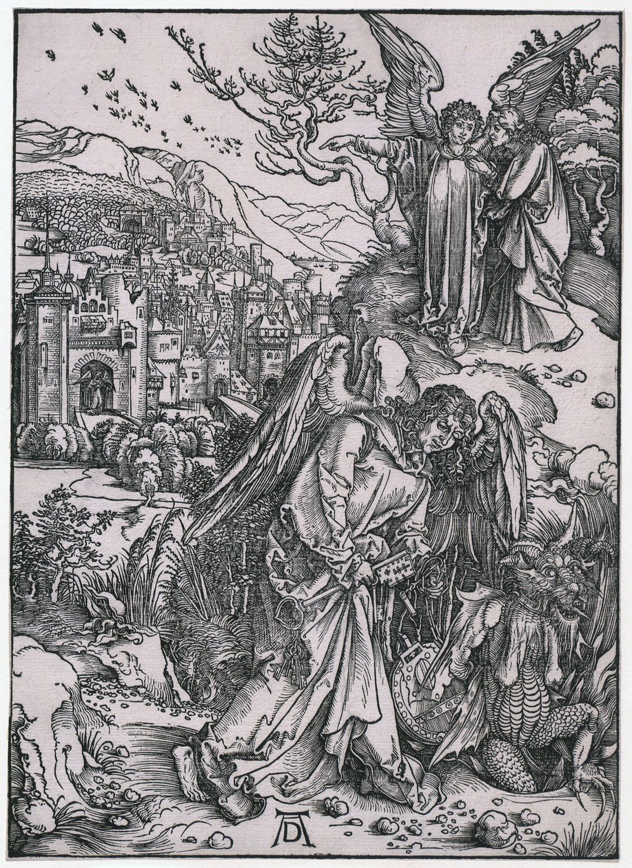 Engelen med nøkkelen til avgrunnen, figur XIV, blad 16 i serien «Apokalypsen» av Albrecht Dürer