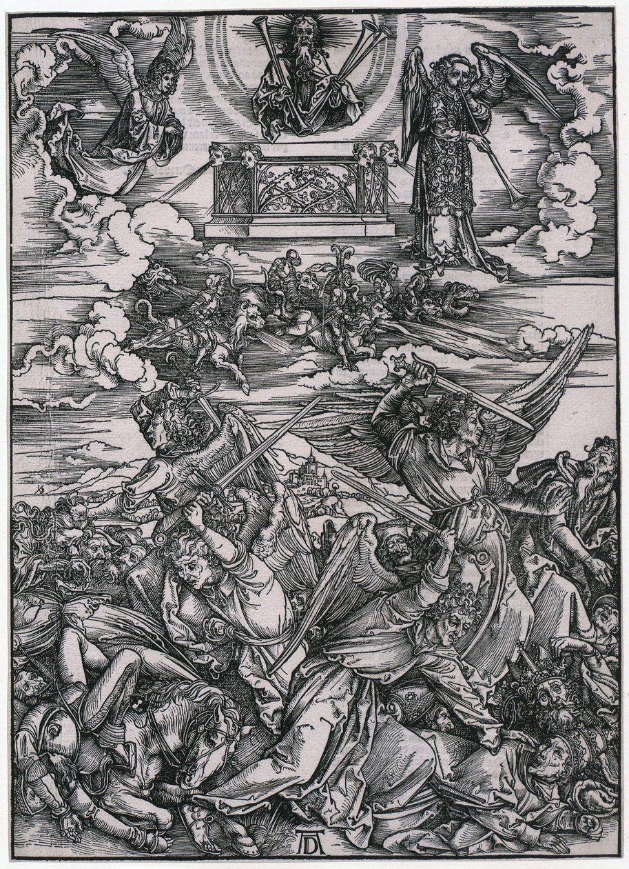 Englekamp, figur VII, blad 9 i serien «Apokalypsen» av Albrecht Dürer