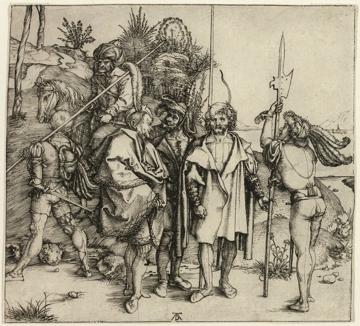 Fem Landsknechte og en orientalsk mann til hest av Albrecht Dürer