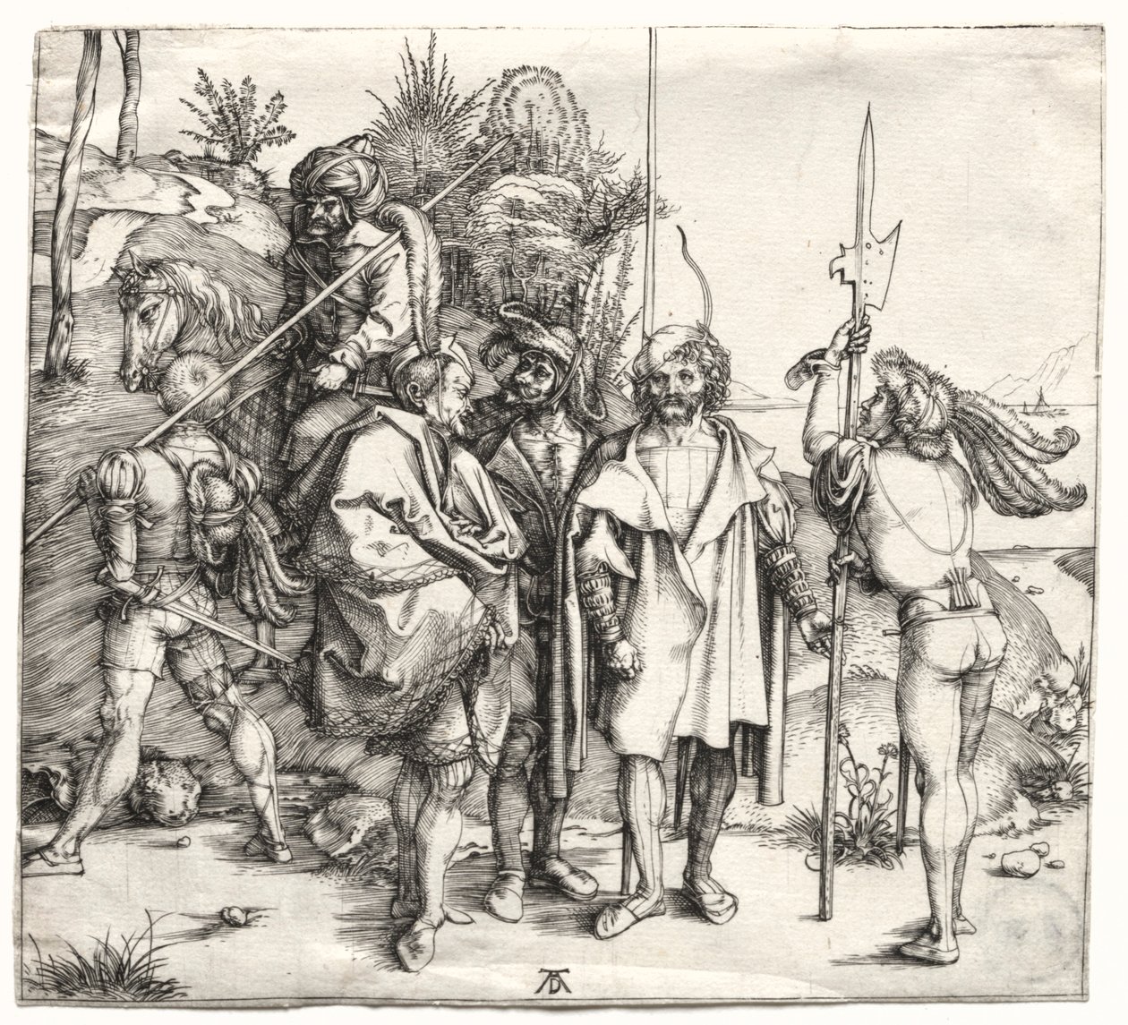 Fem soldater og en tyrker til hest, sannsynligvis 1496. av Albrecht Dürer