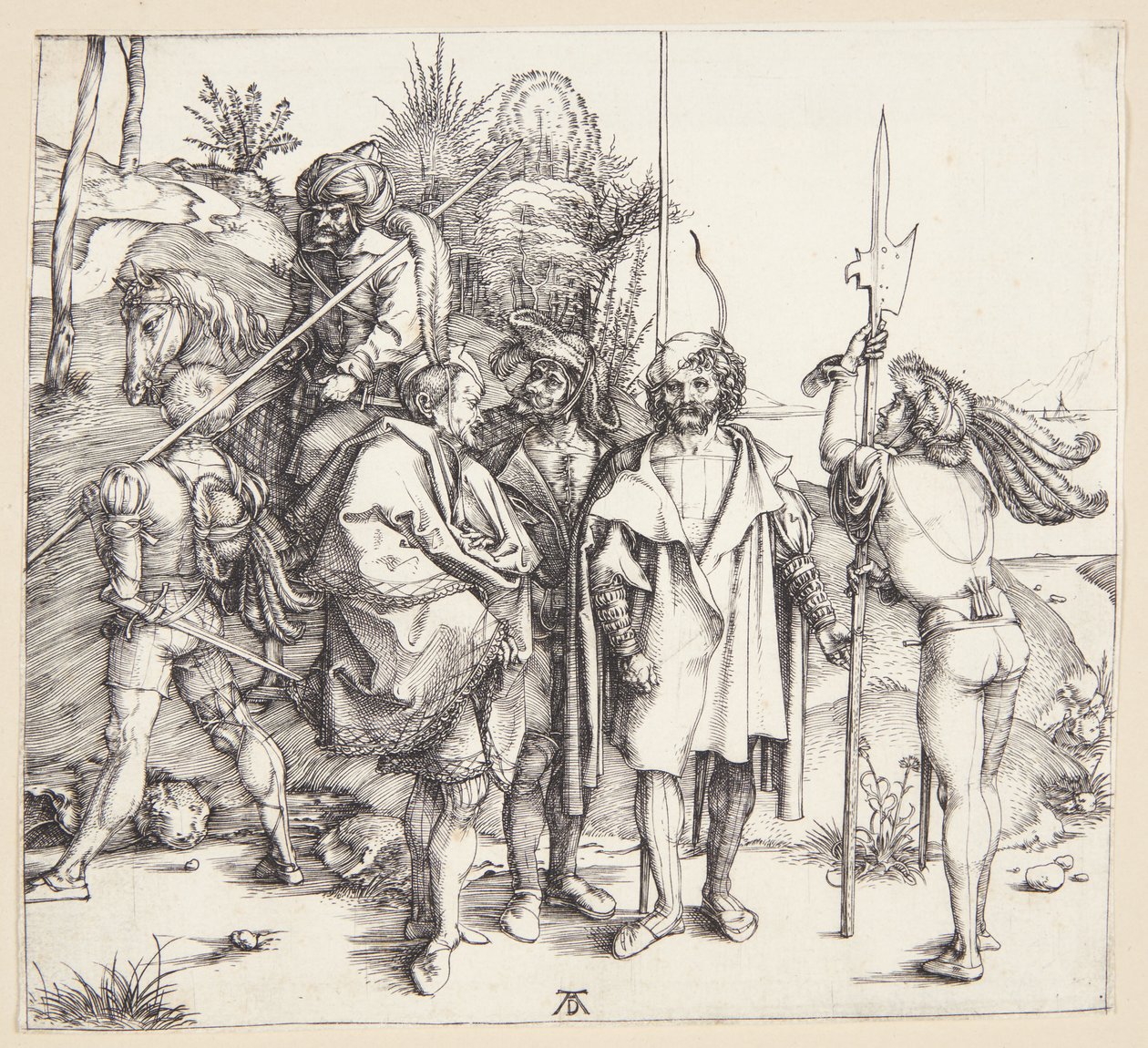 Fem lansquenets og en orientalsk hesterygg av Albrecht Dürer