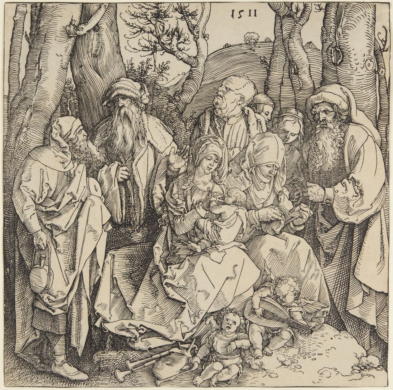 Den hellige slekt med to musiserende engler av Albrecht Dürer