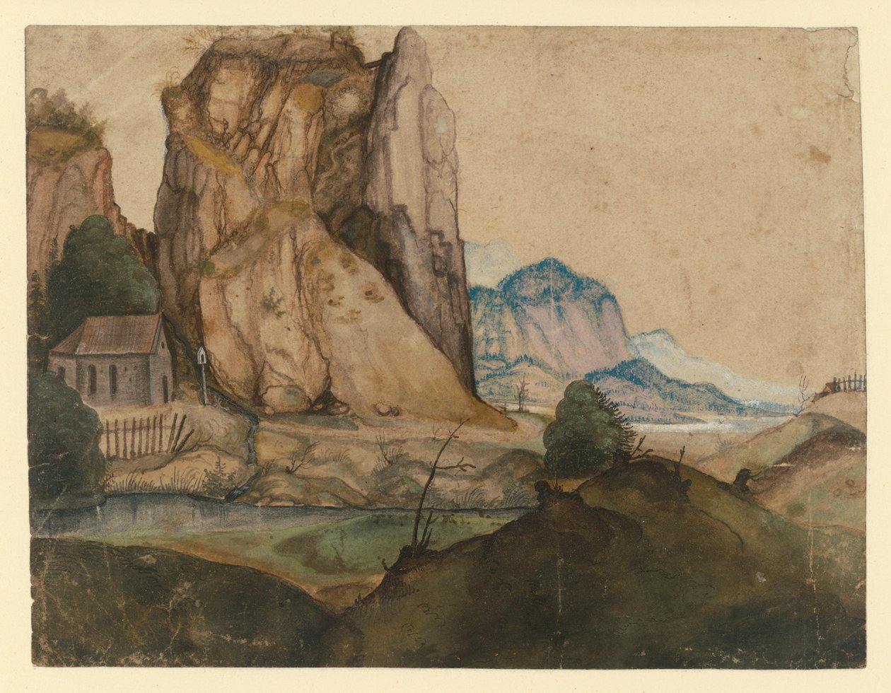 Et kupert landskap med et kapell under høye klipper av Albrecht Dürer