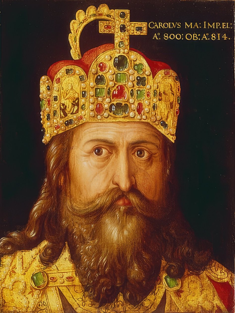 Ideelt portrett av keiser Karl den Store i kroningsregalier med keiserkronen. Nürnberg, 1517 av Albrecht Dürer