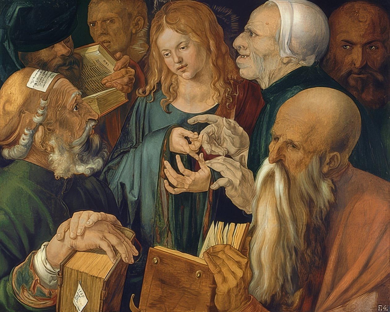 Jesus blant de skriftlærde. 1506 av Albrecht Dürer