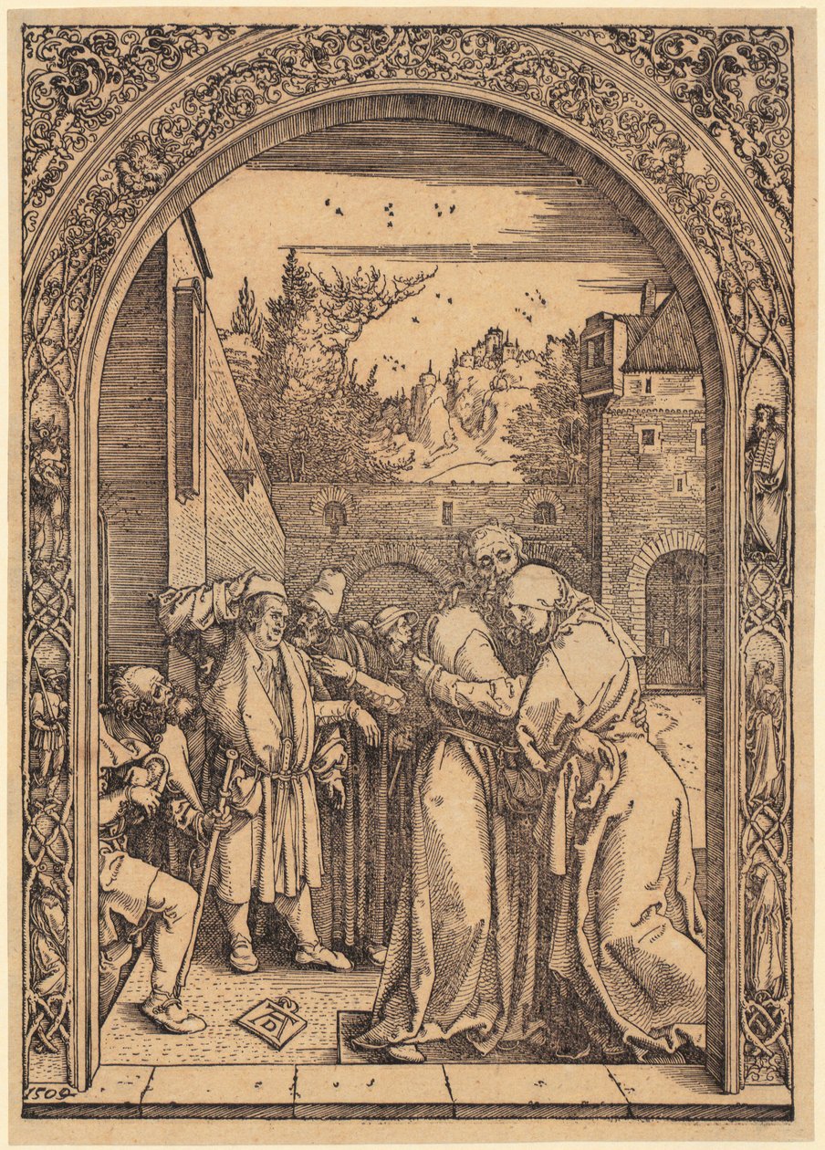 Joachim og Anna under Den gylne porten, blad 4 i serien «Marias liv» av Albrecht Dürer