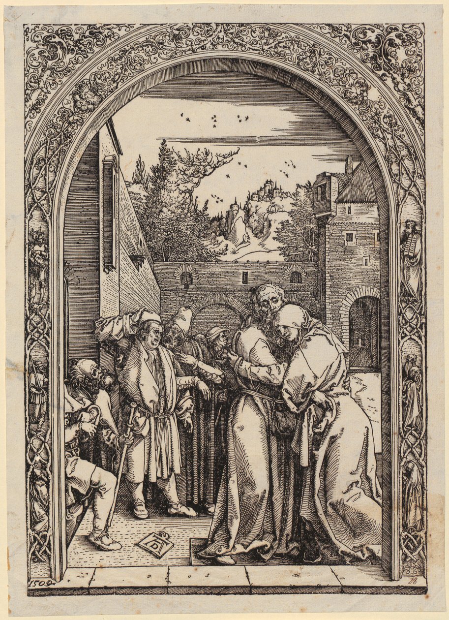 Joachim og Anna under Den gylne porten, blad 4 i serien «Marias liv» av Albrecht Dürer