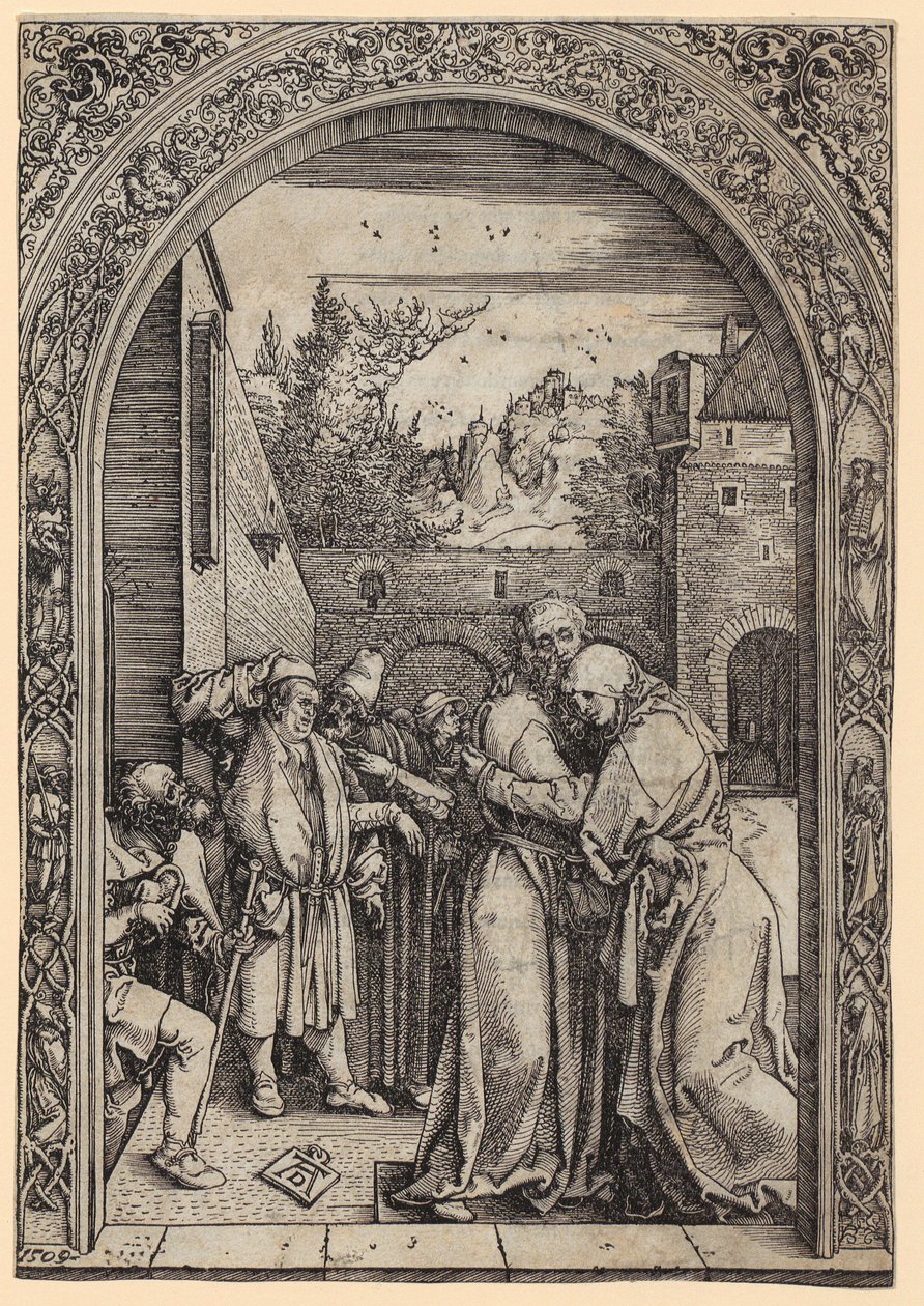 Joakim og Anna under Den gylne port, blad 4 fra serien «Marias liv» av Albrecht Dürer
