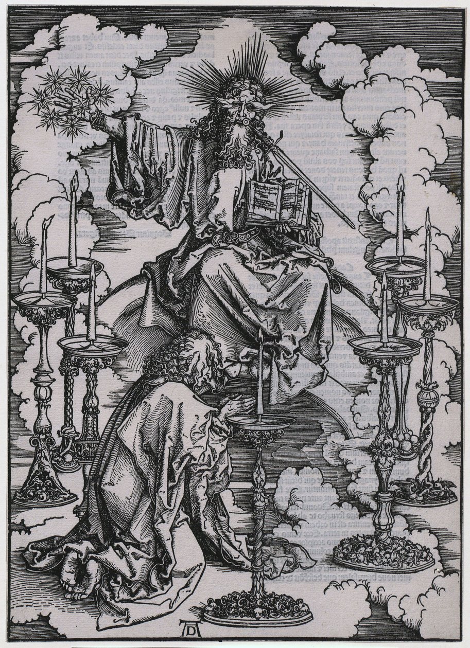 Johannes ser de syv lysestakene, figur I, blad 3 i serien «Apokalypsen» av Albrecht Dürer