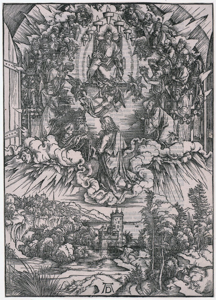 Johannes foran Gud Fader og de eldste, figur II, blad 4 i serien «Apokalypsen» av Albrecht Dürer