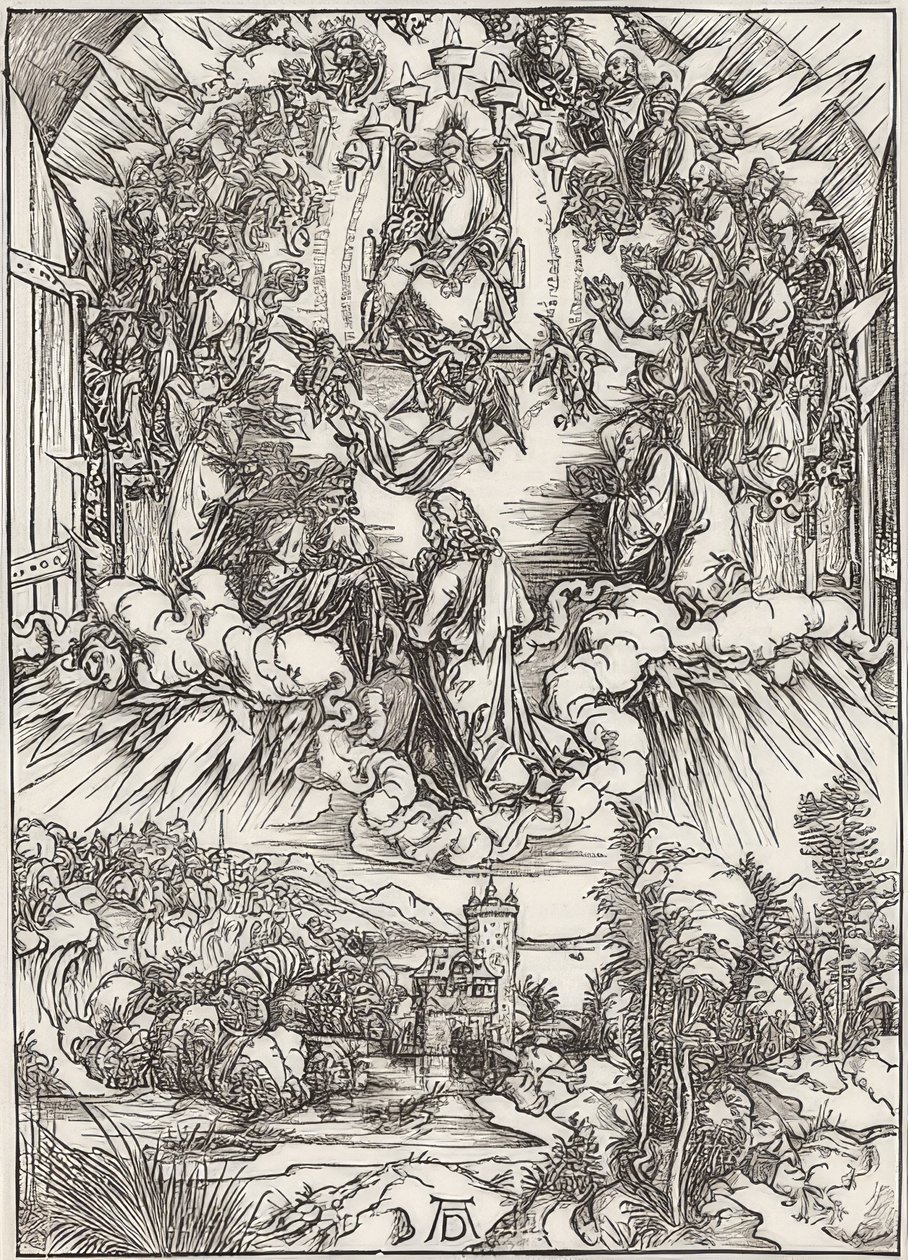 Johannes foran Gud Faderen og de eldste, fra episoden av Apokalypsen. 1496 av Albrecht Dürer