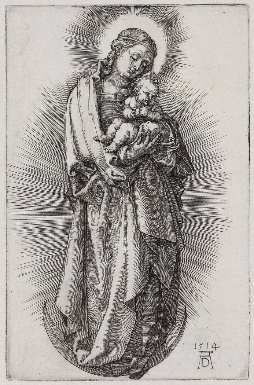 Jomfru med hårbånd i strålekrans på månesigden av Albrecht Dürer