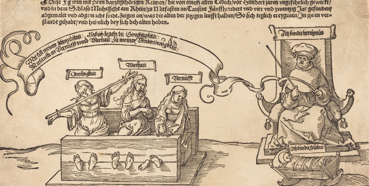 Rettferdighet, sannhet og fornuft i aksjene med den sittende dommeren og sovende fromhet, sannsynligvis 1526. av Albrecht Dürer