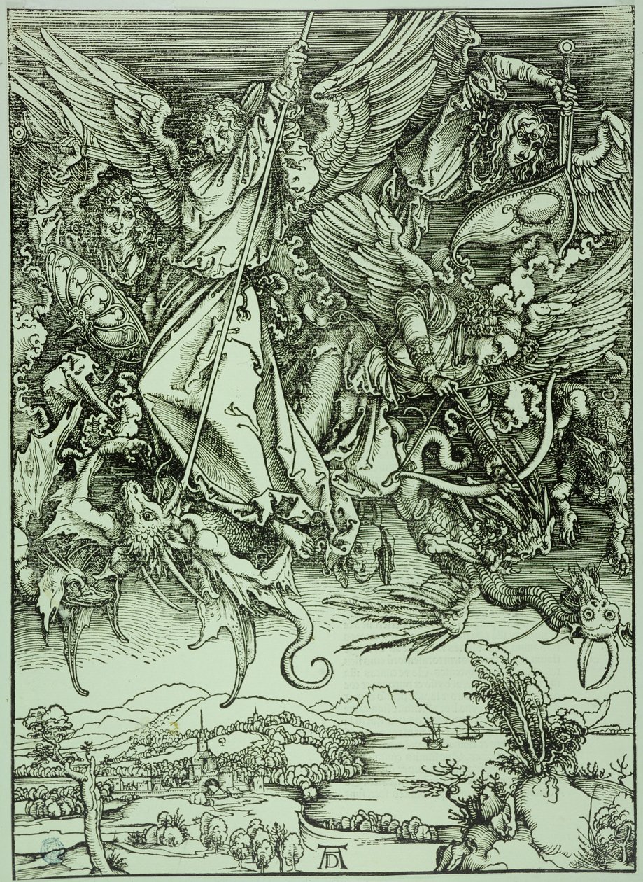 Apokalypsen (latinsk utgave): Sankt Mikael beseirer dragen (Bartsch 72) av Albrecht Dürer