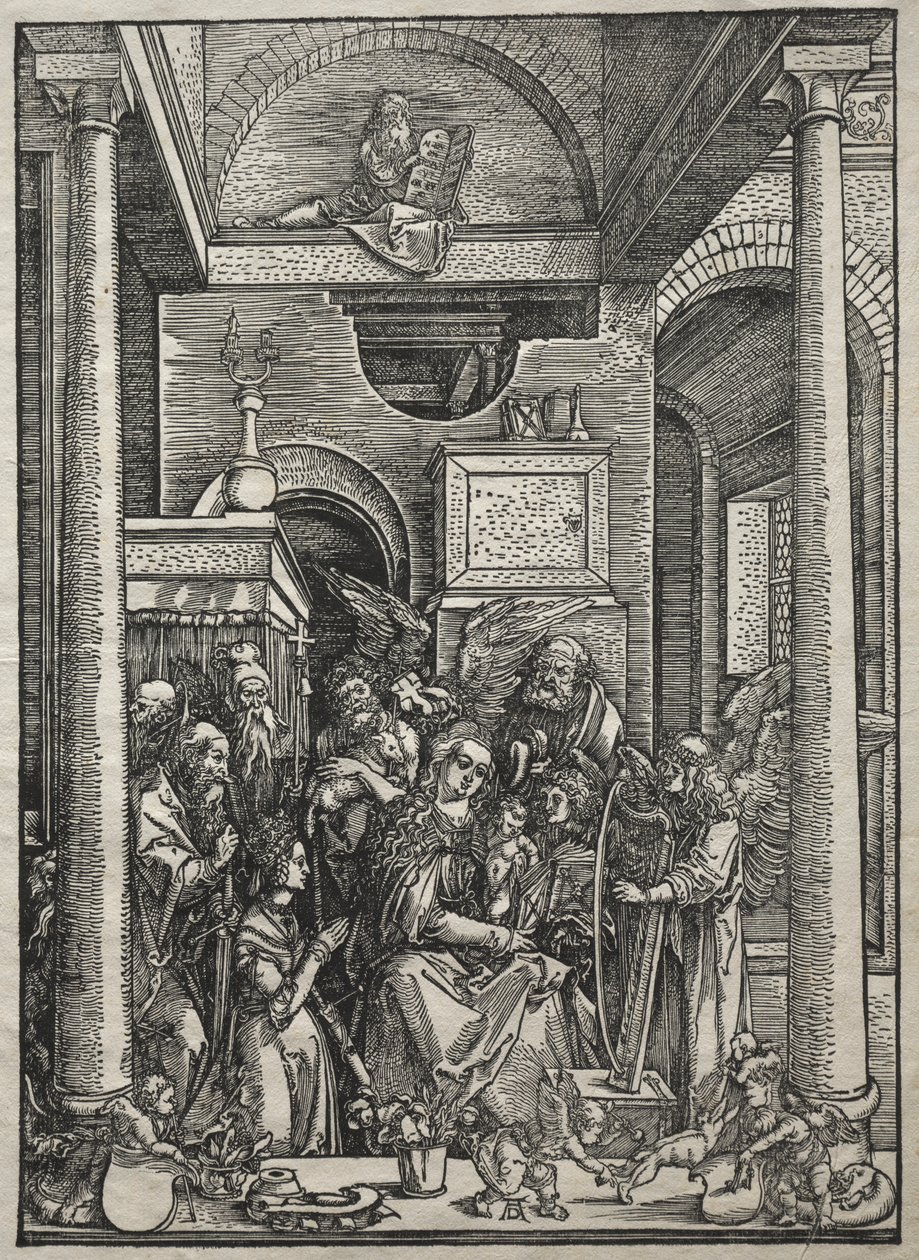 Jomfruens liv: Tilbedelse av jomfruen og barnet av hellige og engler av Albrecht Dürer