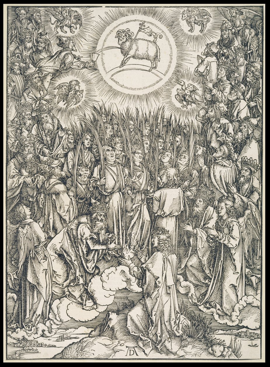 De utvalgtes lovsang / Tilbedelsen av Lammet, fra serien Apokalypsen, første latinske utgave 1498 av Albrecht Dürer