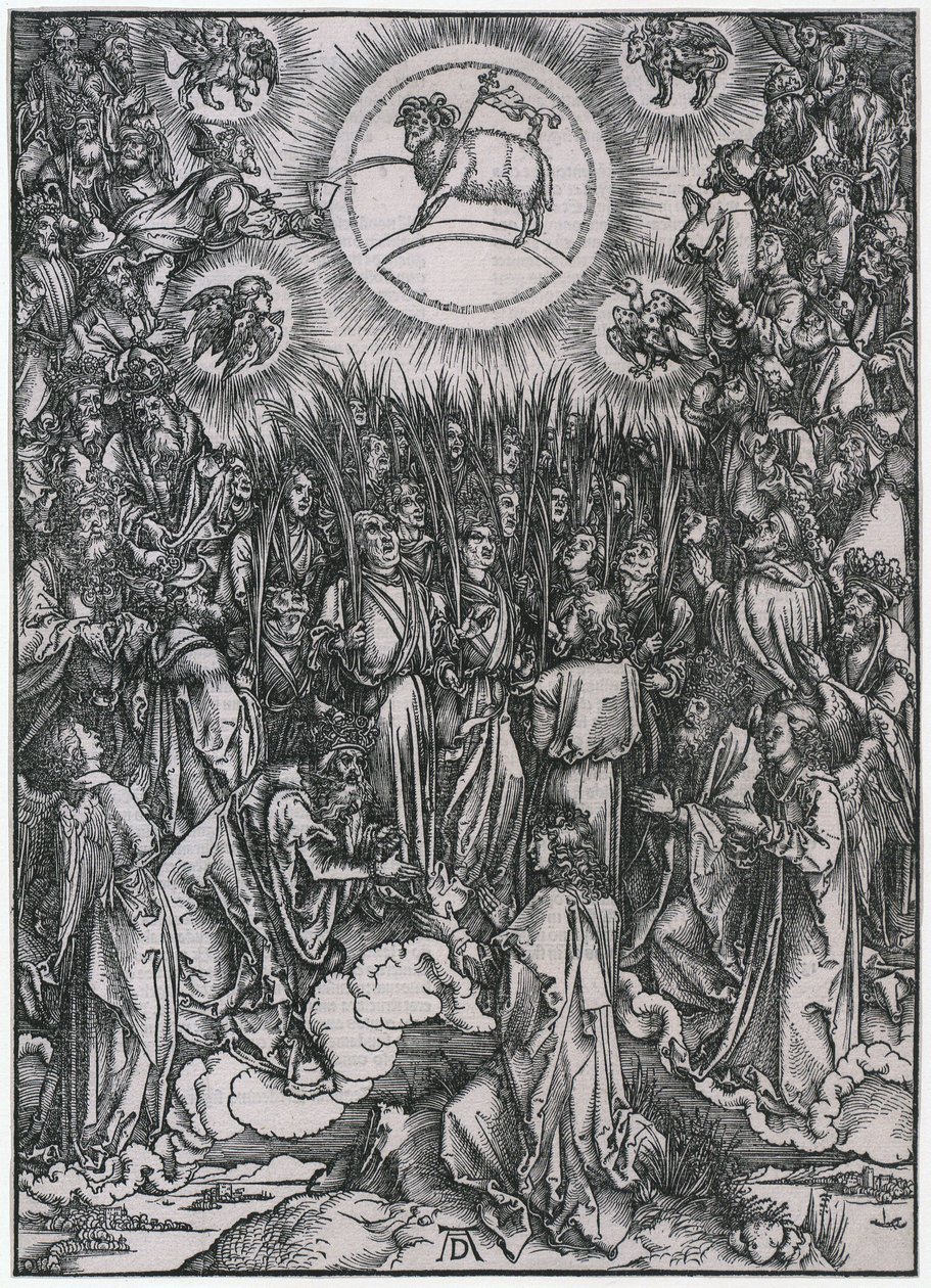 De utvalgtes lovsang i himmelen / Tilbedelse av Lammet, figur XII, blad 14 i serien «Apokalypsen» av Albrecht Dürer