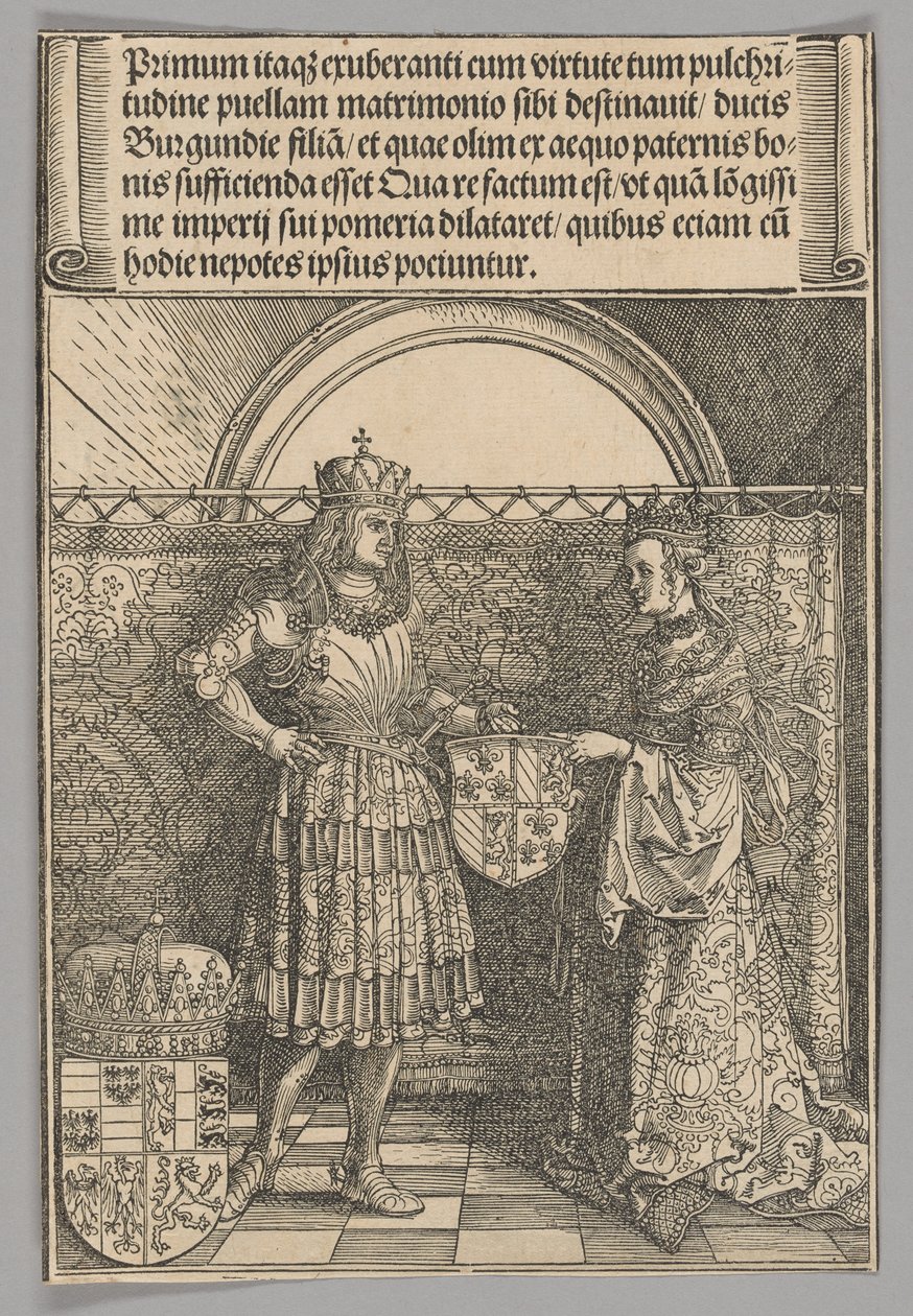 Maximilian og Maria av Burgund, plate 2 fra historiske scener fra livet til keiser Maximilian I fra triumfbuen av Albrecht Dürer