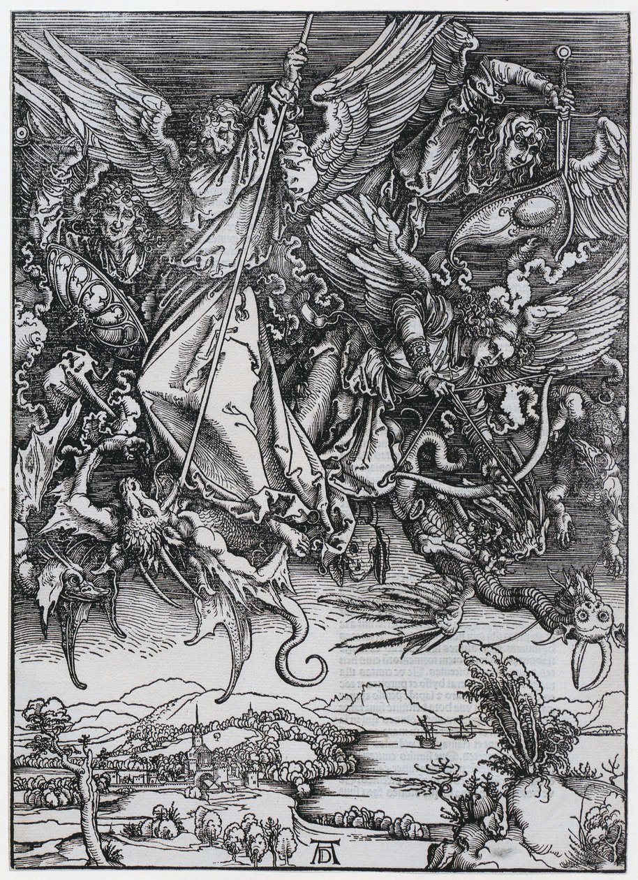 Mikaels kamp mot dragen, figur X, blad 12 i serien «Apokalypsen» av Albrecht Dürer