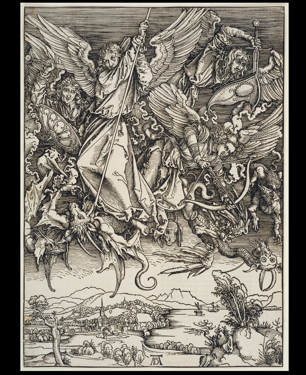 Mikaels kamp med dragen, fra serien Apokalypsen, første tyske utgave 1498 av Albrecht Dürer