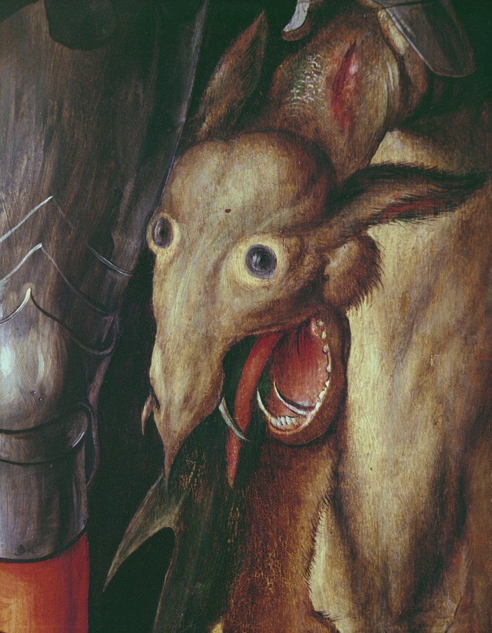 Paumgartner altertavle: detalj av venstre fløy, som viser hodet til dragen beseiret av St. George, ca. 1500 tempera på paneldetalj av 495745 av Albrecht Dürer