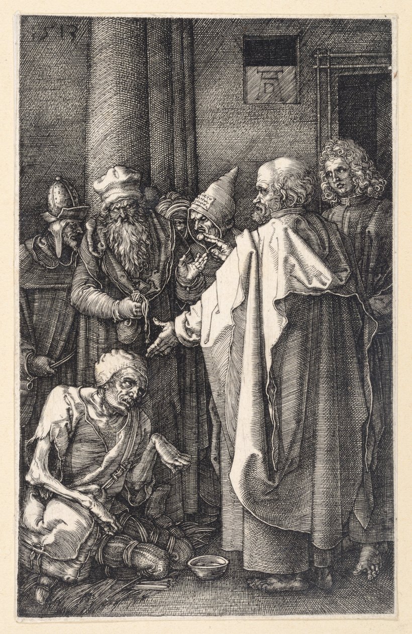 Peter og Johannes helbreder en lam tigger i tempelet (Kobberstikkpasjonen) av Albrecht Dürer