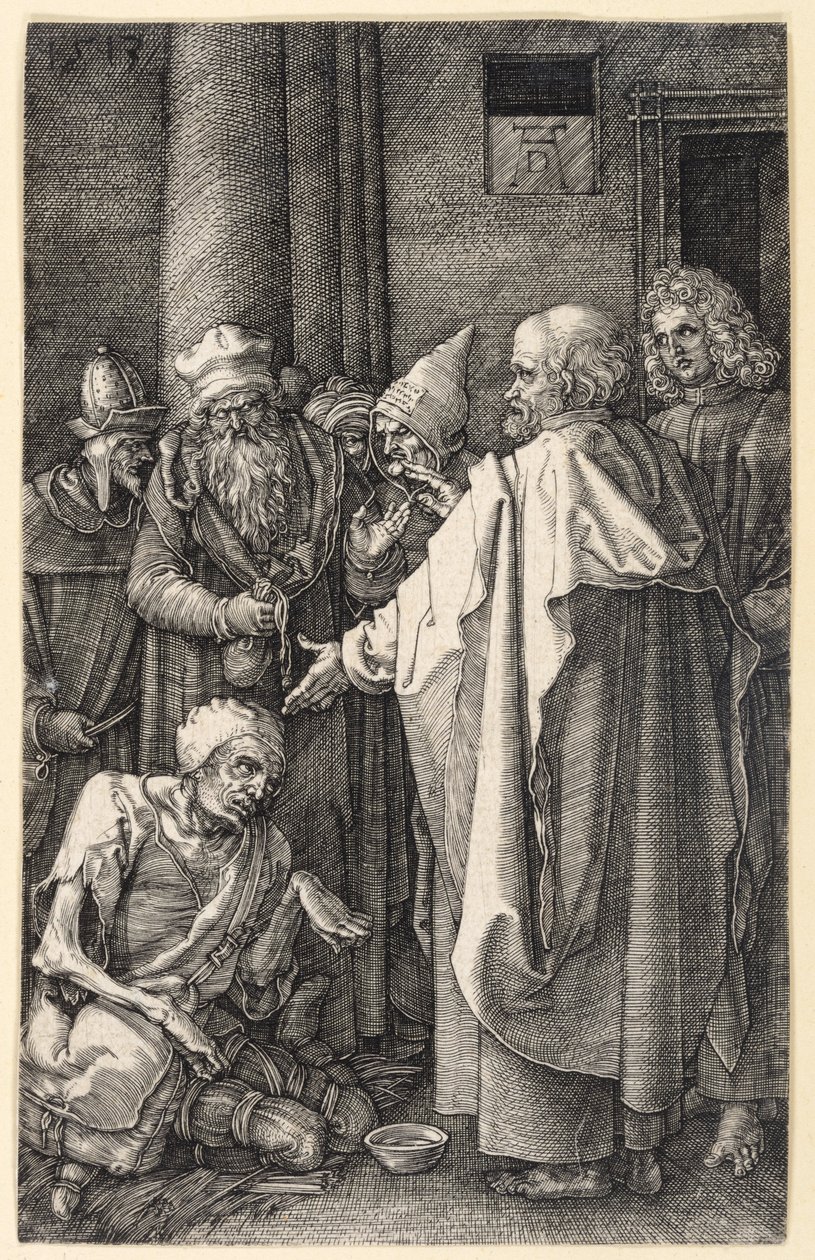 Peter og Johannes helbreder en lam tigger i tempelet (Kobberstikkpasjonen) av Albrecht Dürer