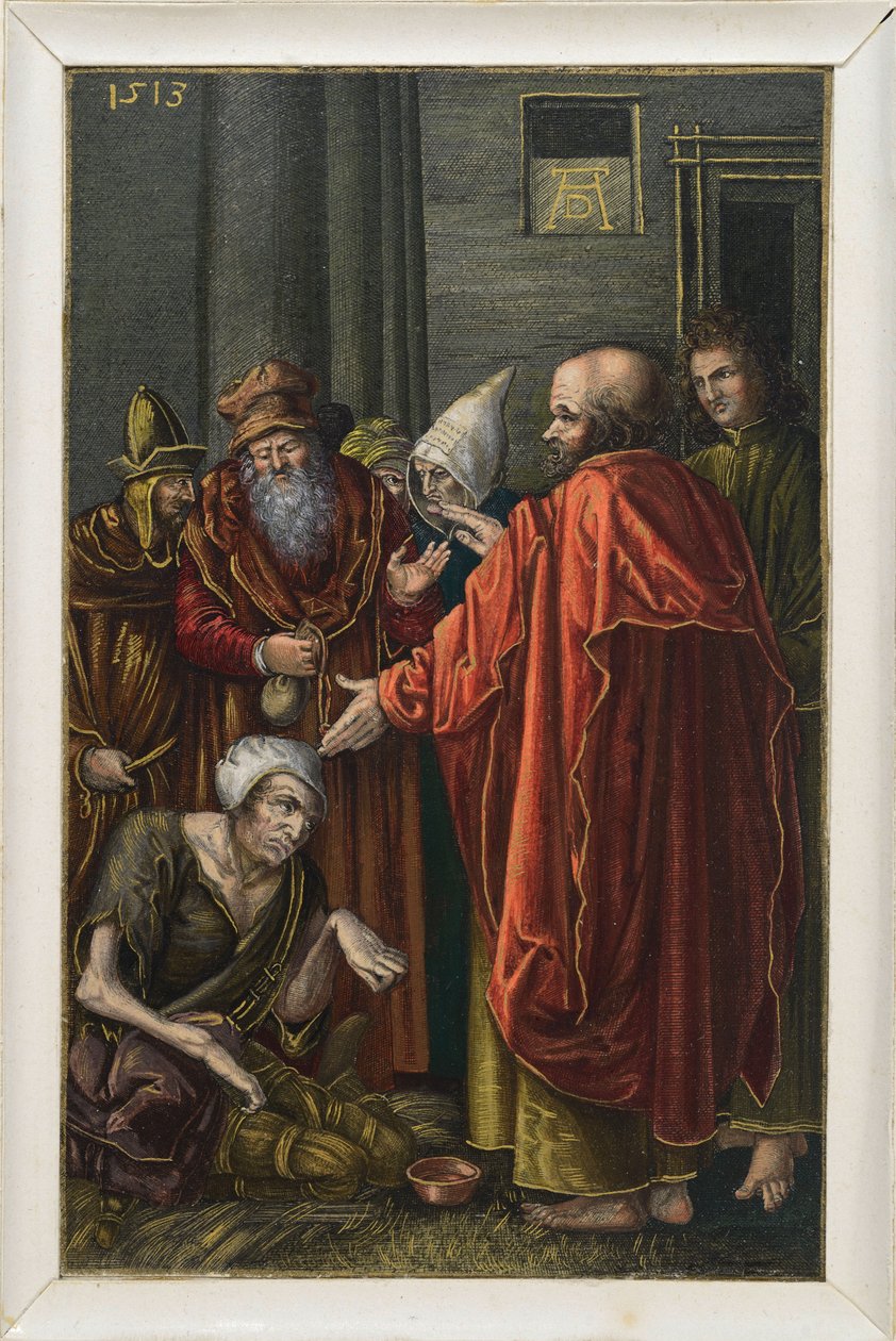 Peter og Johannes helbreder en lam tigger i tempelet av Albrecht Dürer