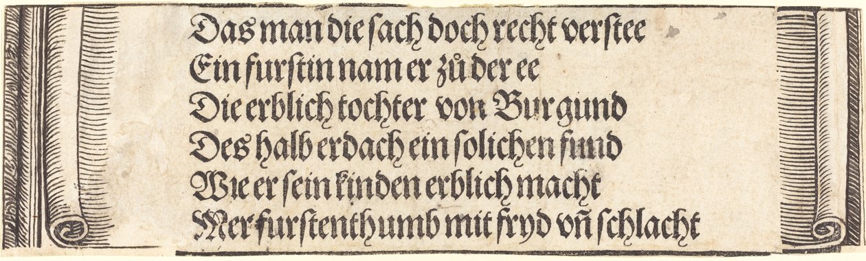 Trykt tekst for "Forlovelsen til Maximilian med Maria av Burgund" av Albrecht Dürer