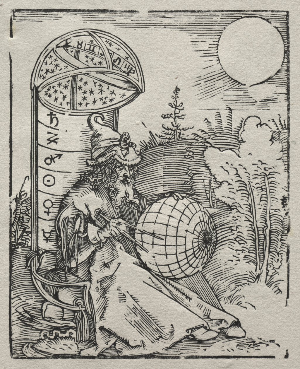 Ptolemaios sender den Himmelsglobus av Albrecht Dürer