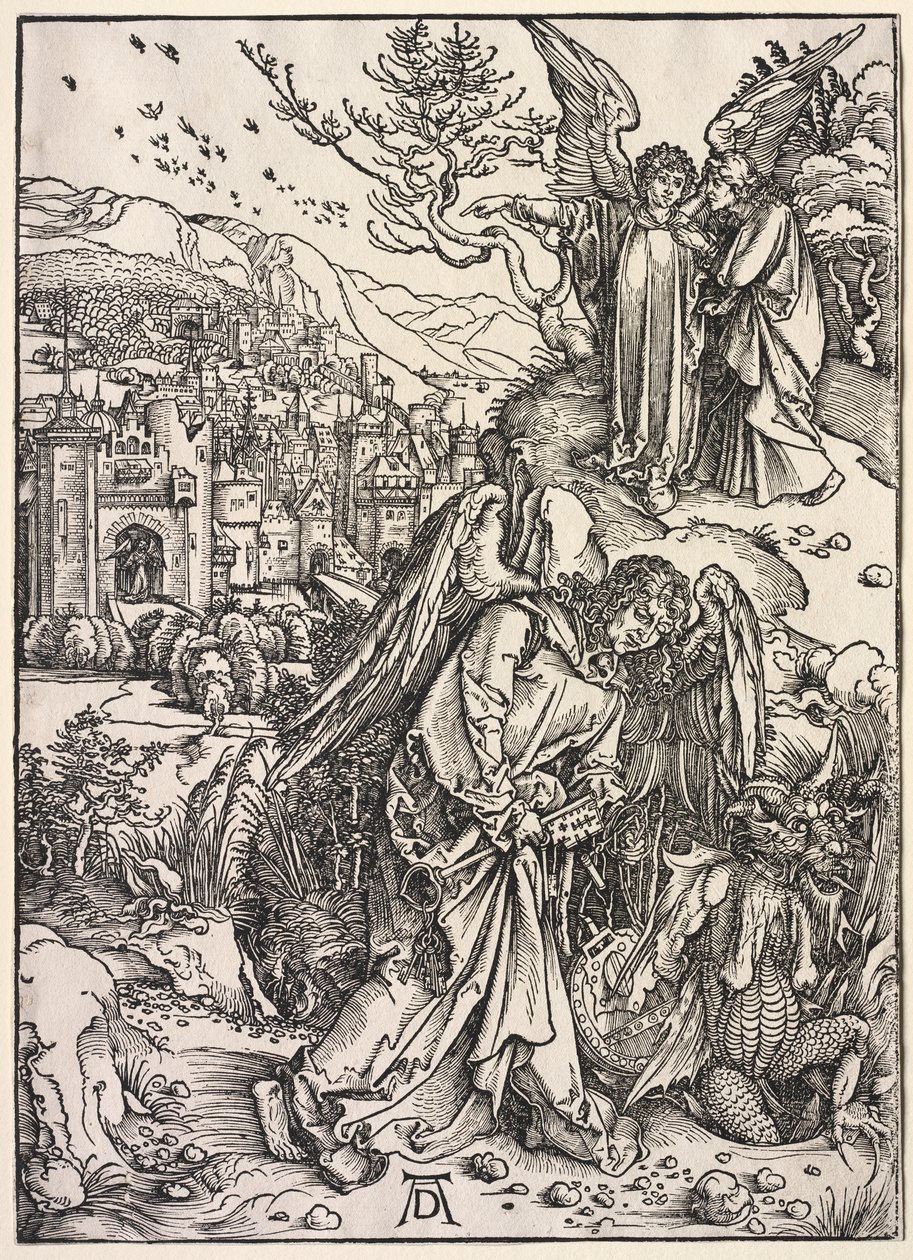 Johannes åpenbaring: Engel med nøkkelen til den bunnløse gropen av Albrecht Dürer