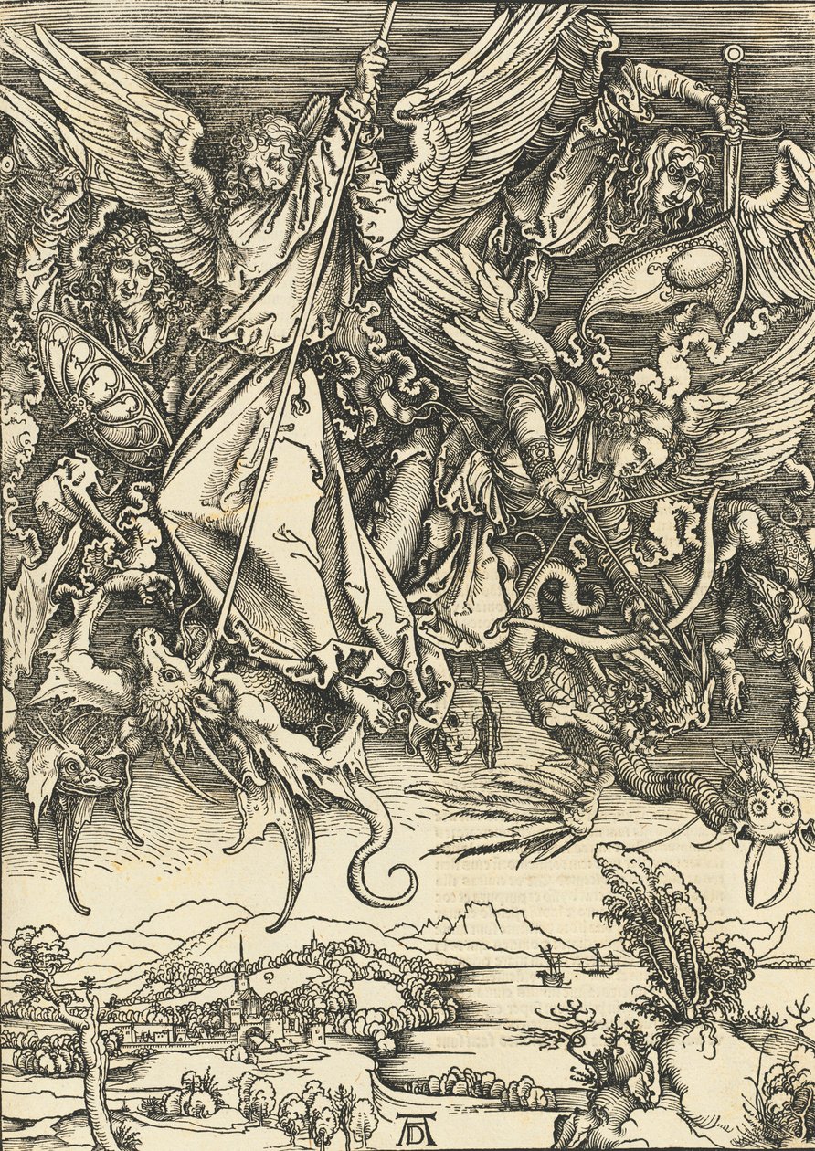 Saint Michael Fighting the Dragon, sannsynligvis ca. 14961498 publisert 1511. av Albrecht Dürer