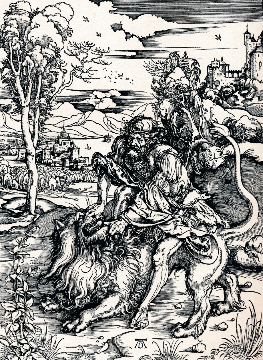 Samson Rending the Lion, 1497 1906 av Albrecht Dürer
