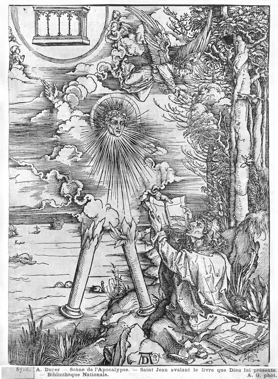 Scene fra apokalypsen, St. John fortærer boken, latinsk utgave, 1511 (tresnitt) (bw-foto) av Albrecht Dürer