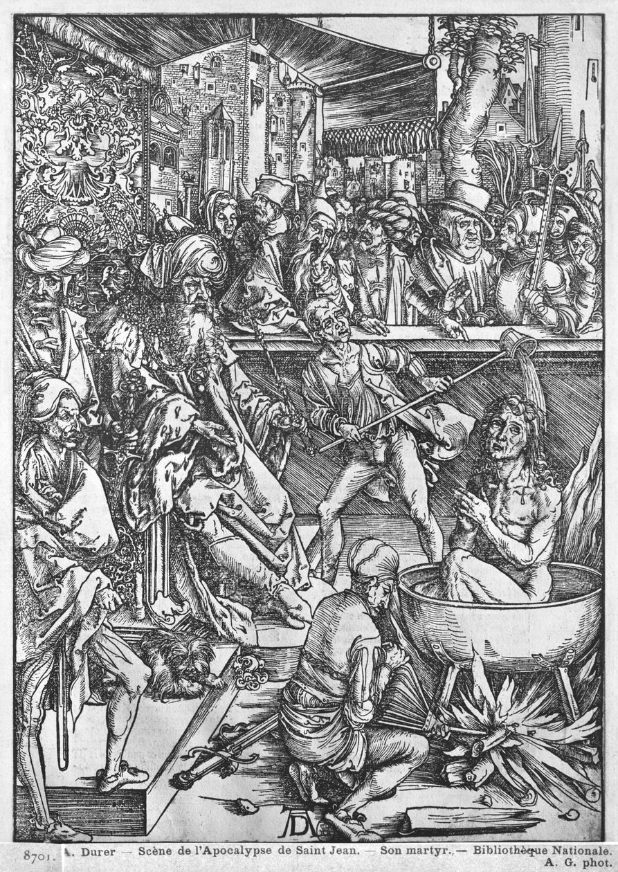 Scene fra apokalypsen, The martyrium of St. John the Evangelist, latinsk utgave, 1511 av Albrecht Dürer