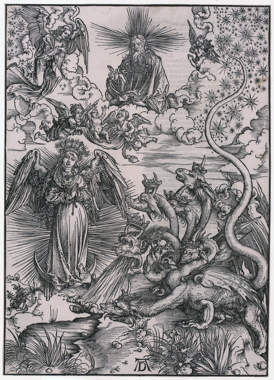 Solkvinnen og den syvhodede dragen, figur IX, blad 11 i serien «Apokalypsen» av Albrecht Dürer
