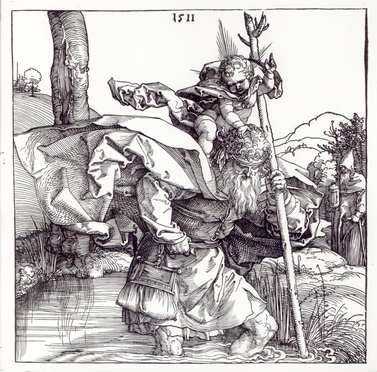 St.Christopher bærer Kristusbarnet, 1511 (tresnitt) (bw-bilde) av Albrecht Dürer