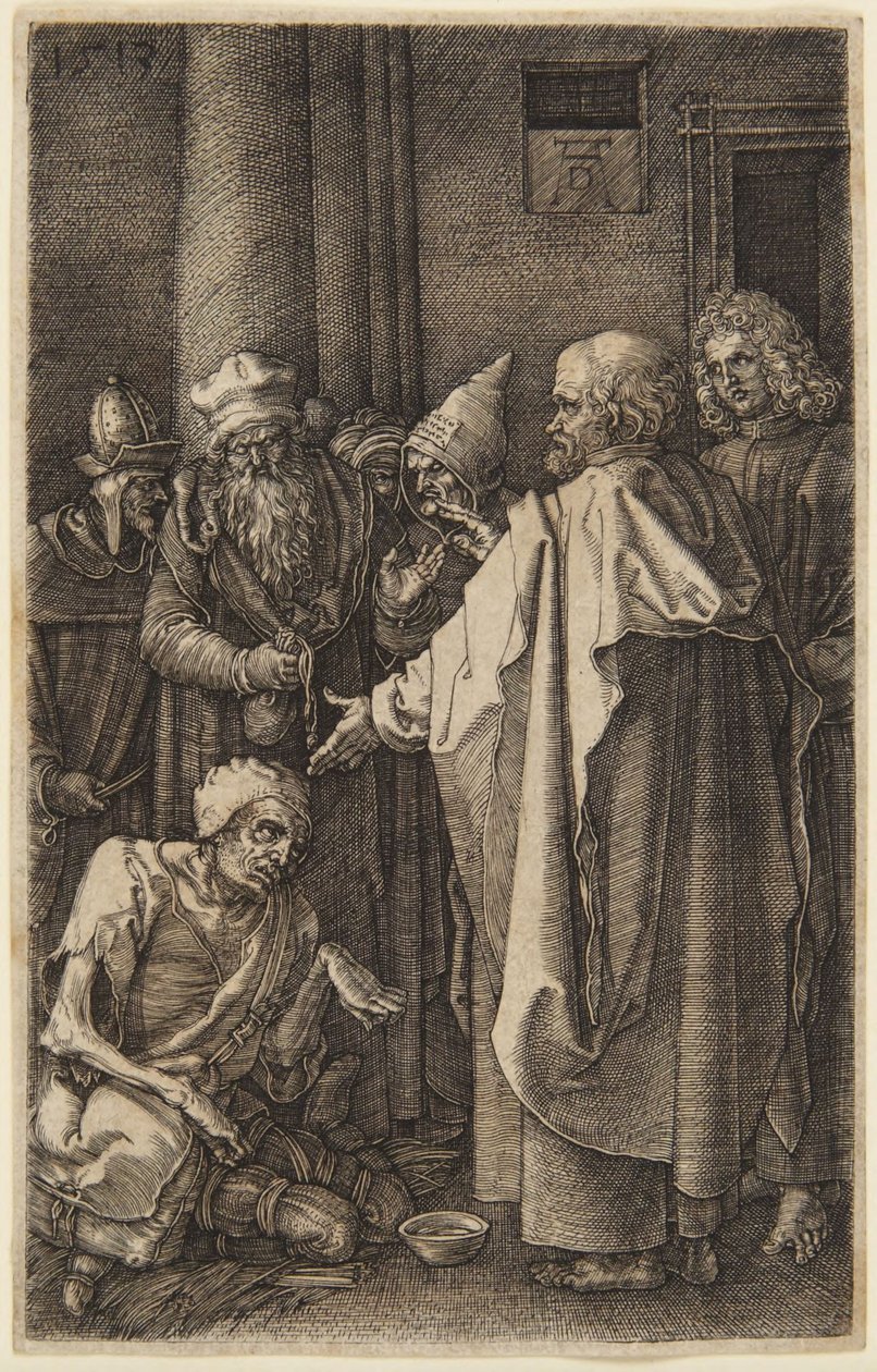 Sankt Peter og Sankt Johannes helbreder den lamme (nr. 16 fra Den graverte pasjonen) av Albrecht Dürer