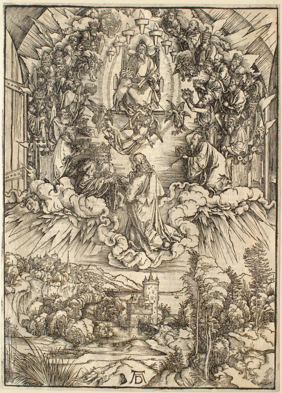 Apokalypsen: Sankt Johannes foran Gud og de eldste av Albrecht Dürer