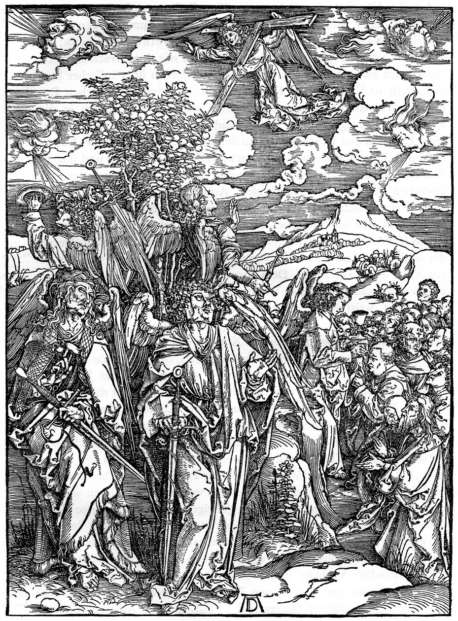 De fire englene holder vindene, 1498, 1936 av Albrecht Dürer
