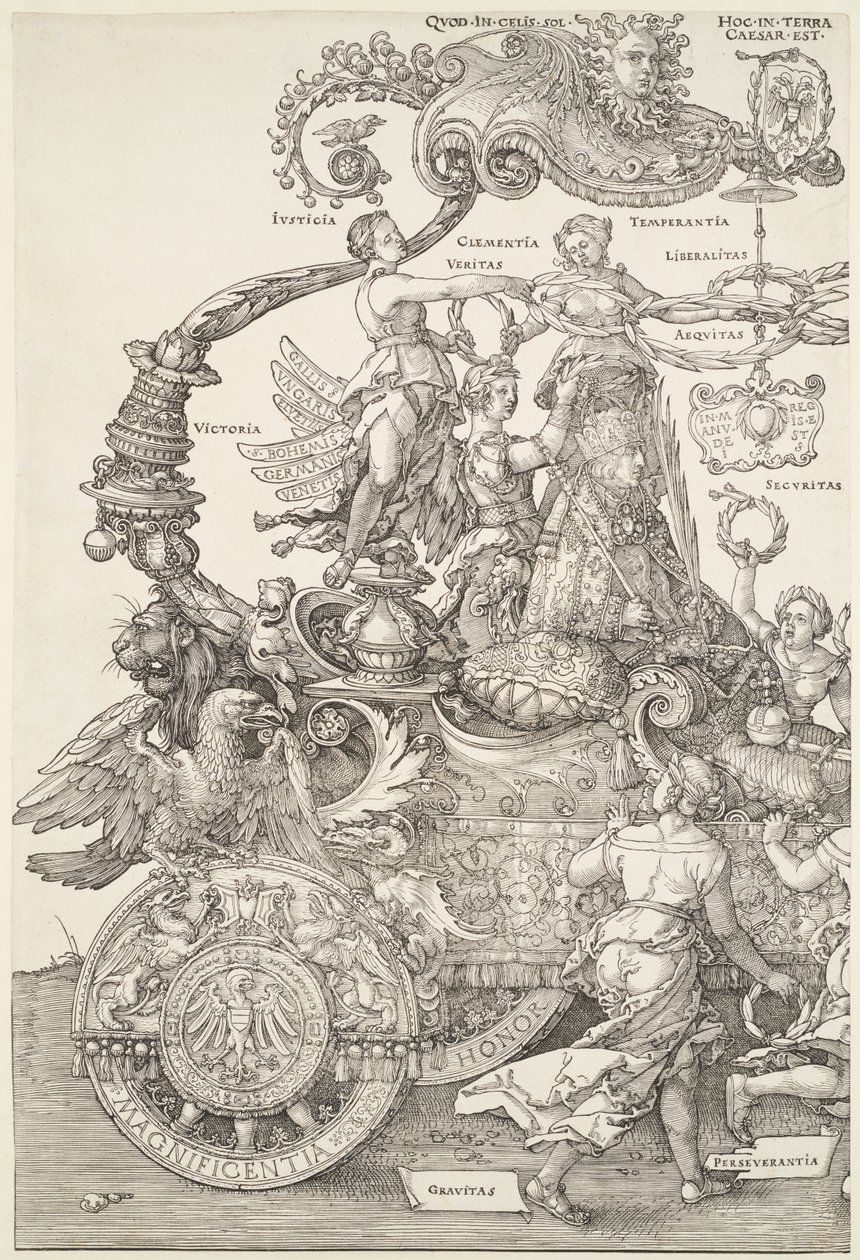 Den store triumfvognen: venstre del av vognen med keiseren kronet av Seieren av Albrecht Dürer