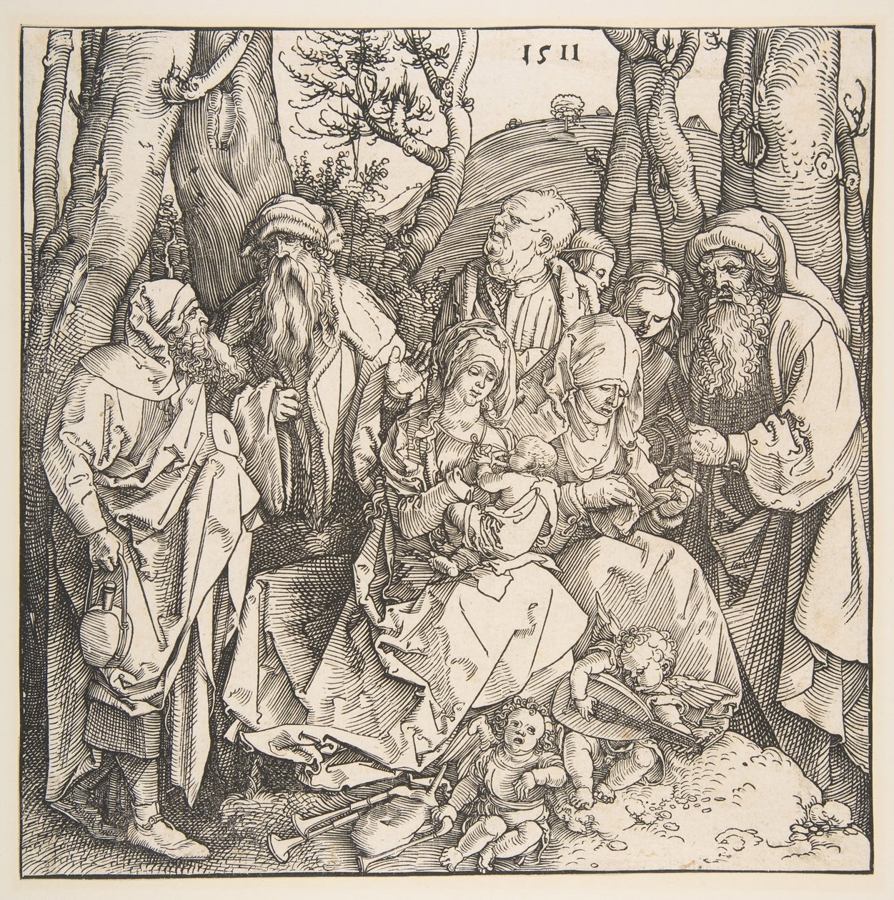 Den hellige familie med hellige og to musikalske engler, 1511. av Albrecht Dürer