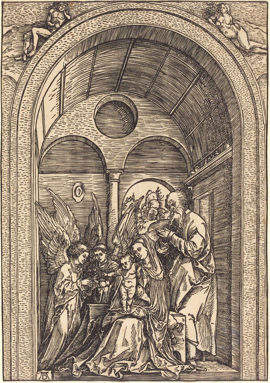 Den hellige familie med to engler i en hvelvet sal av Albrecht Dürer